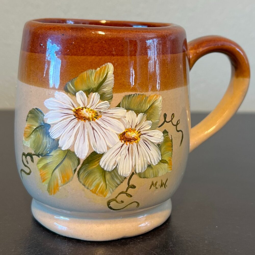 Hand Painted Daisy Two Toned Brown Glazed Pottery Cup Mug Teacher Gift Idea